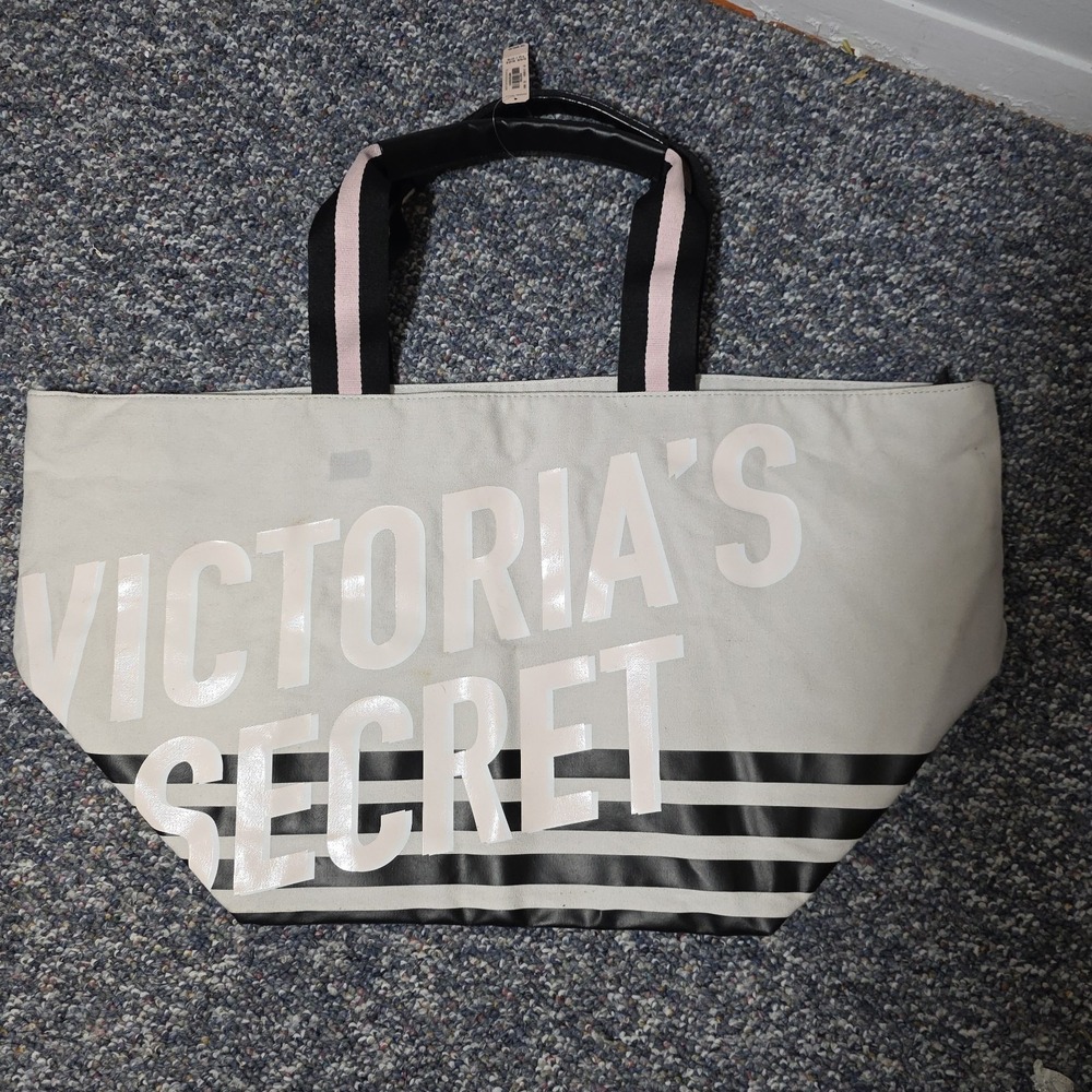 Victoria's Secret Tote Bag Logo Canvas Stripe Zipper Top Grey Pink Black NWT